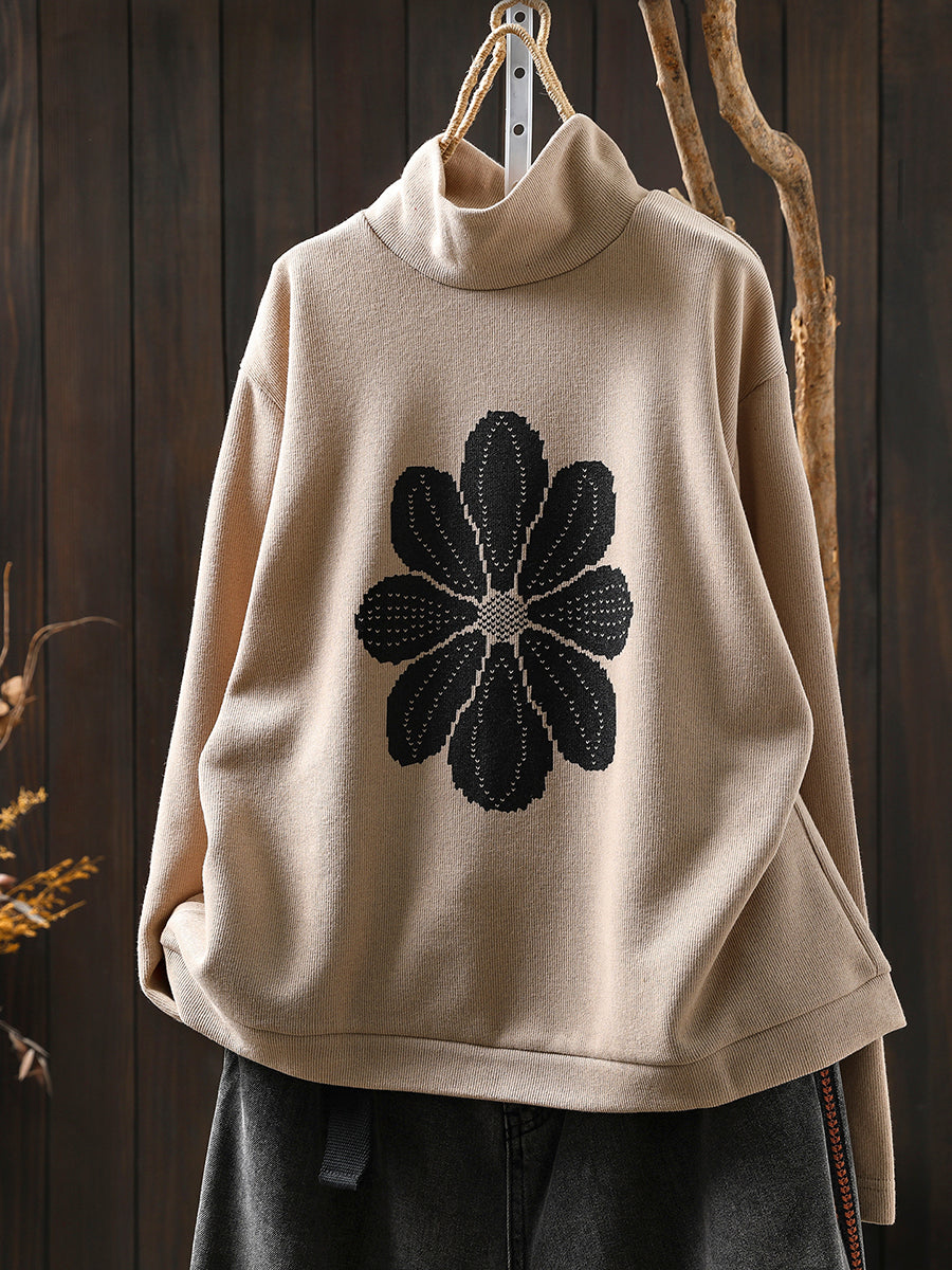 Women Autumn Flower Half-Turtleneck Knitted Sweater