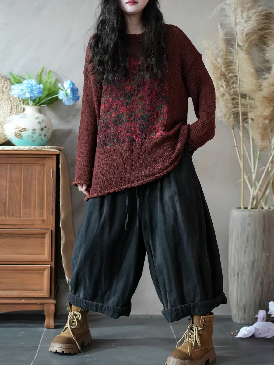 Women Autumn Artsy Flower Knitted O-Neck Sweater