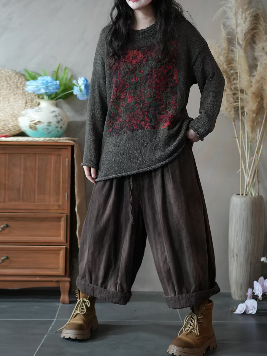 Women Autumn Artsy Flower Knitted O-Neck Sweater