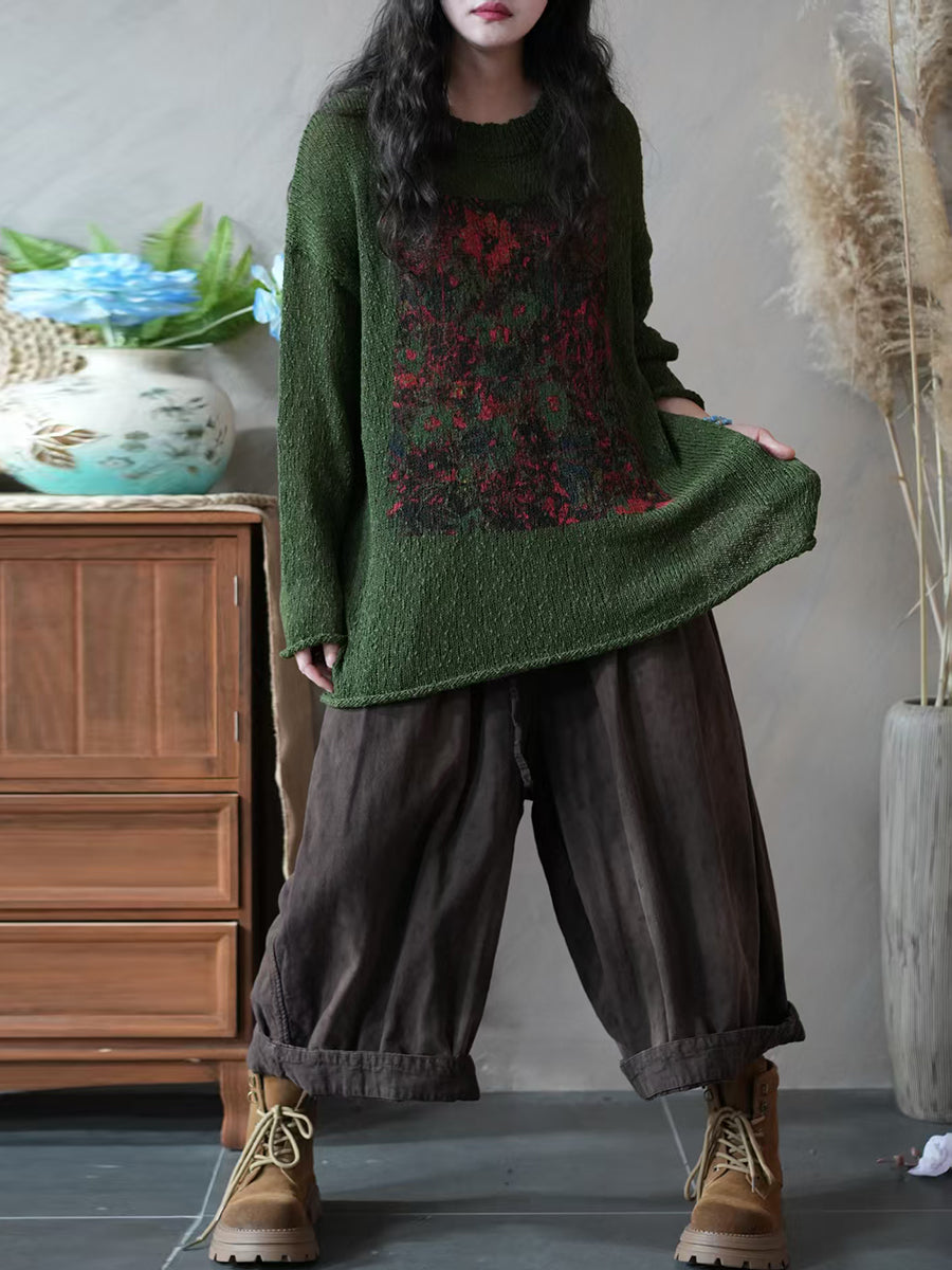 Women Autumn Artsy Flower Knitted O-Neck Sweater