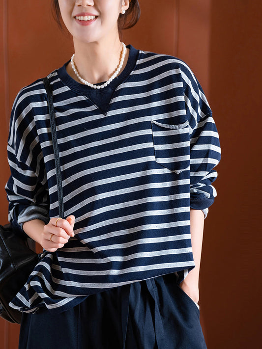 Women Autumn Casual Stripe O-Neck Blouse