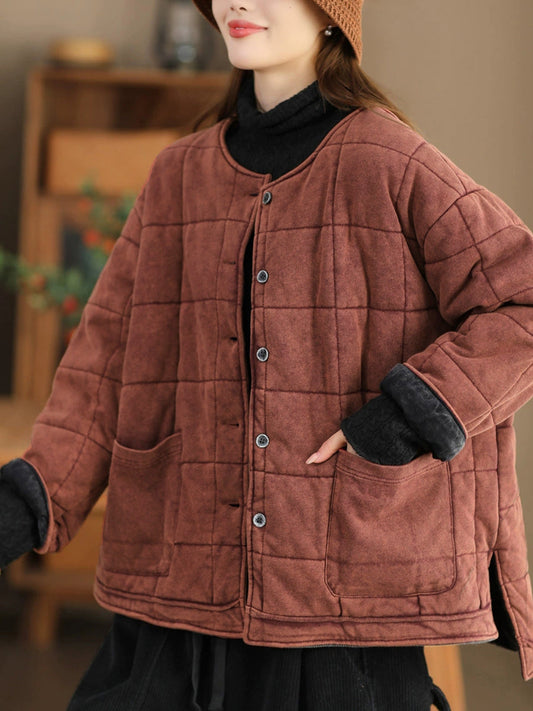 Plus Size Women Autumn Retro Pure Color O-Neck Padded Jacket