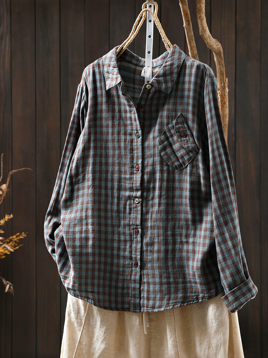 Women Autumn Plaid 100%Cotton Turn-down Collar Shirt