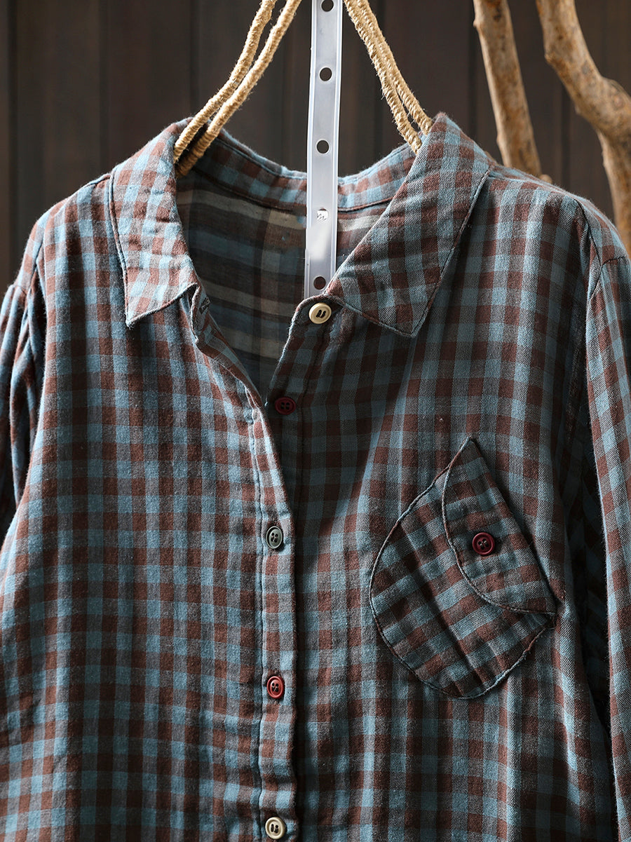 Women Autumn Plaid 100%Cotton Turn-down Collar Shirt