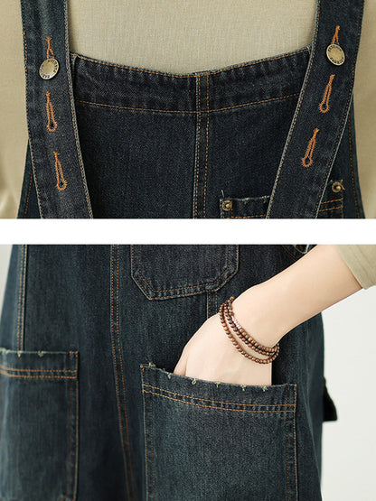 Women Autumn Pure Color Washed Denim Wide-leg Jumpsuits