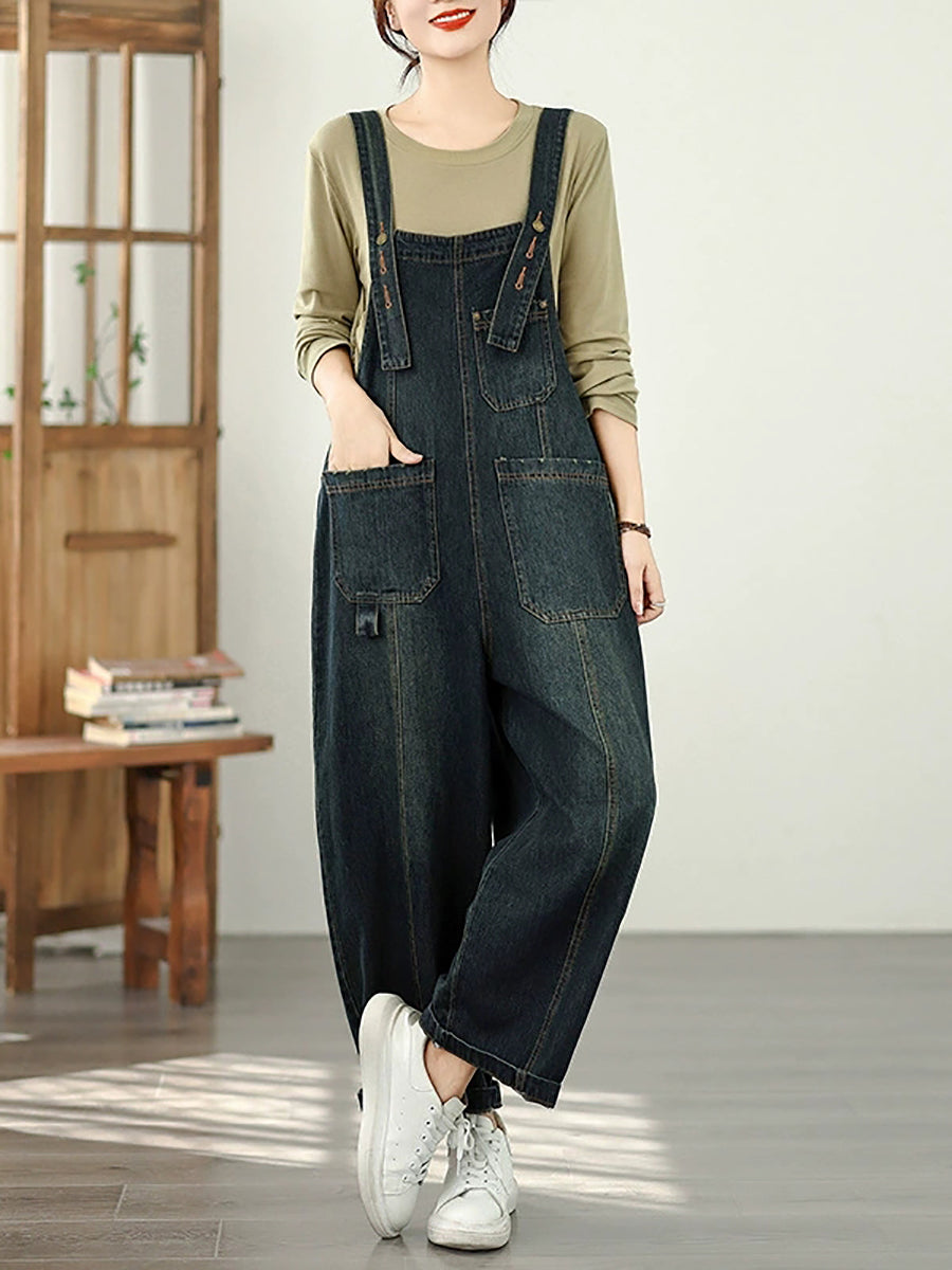 Women Autumn Pure Color Washed Denim Wide-leg Jumpsuits