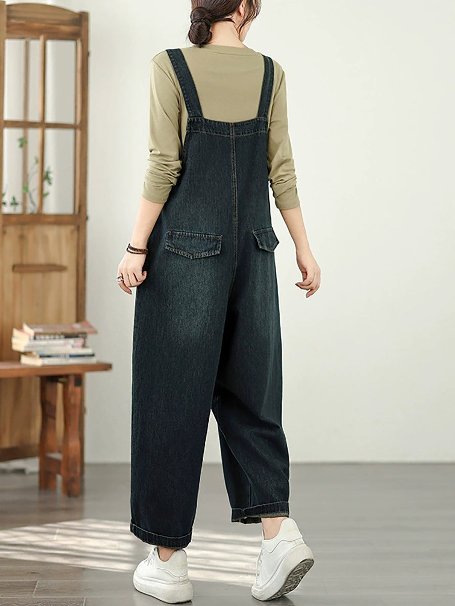 Women Autumn Pure Color Washed Denim Wide-leg Jumpsuits