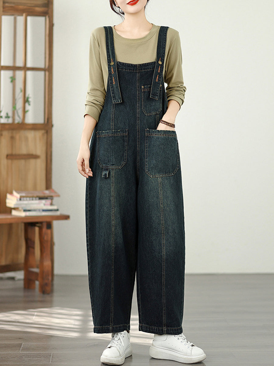 Women Autumn Pure Color Washed Denim Wide-leg Jumpsuits