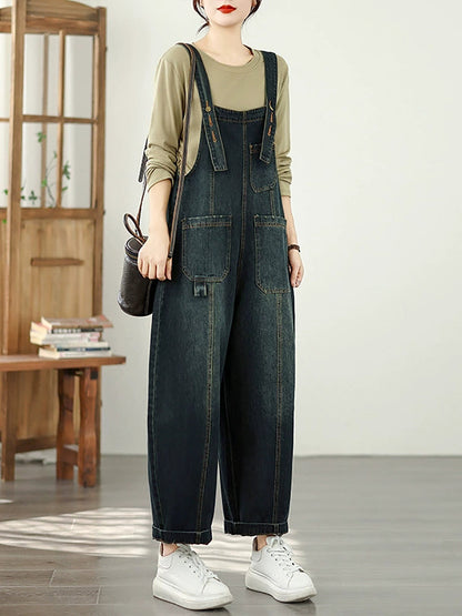 Women Autumn Pure Color Washed Denim Wide-leg Jumpsuits