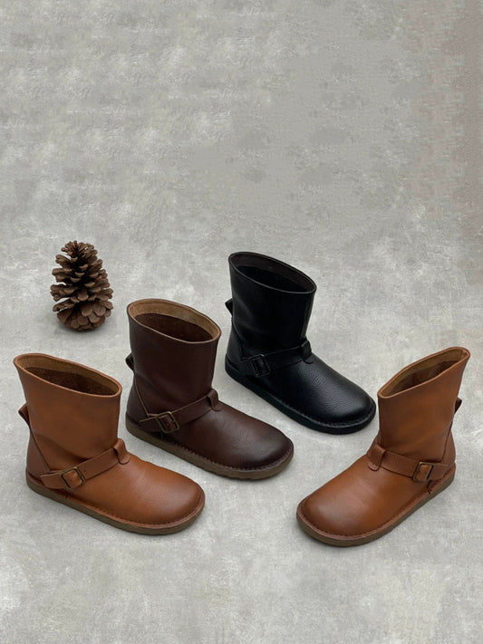 Women Vintage Genuine Leather Pure Color Martin Boots