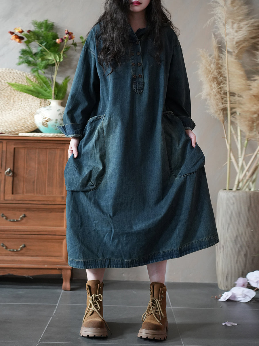 Women Autumn Retro Pure Color Denim Loose Dress