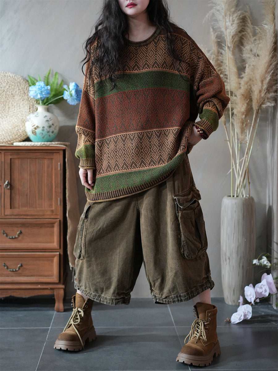 Women Autumn Artsy Colorblock Knitted O-Neck Sweater