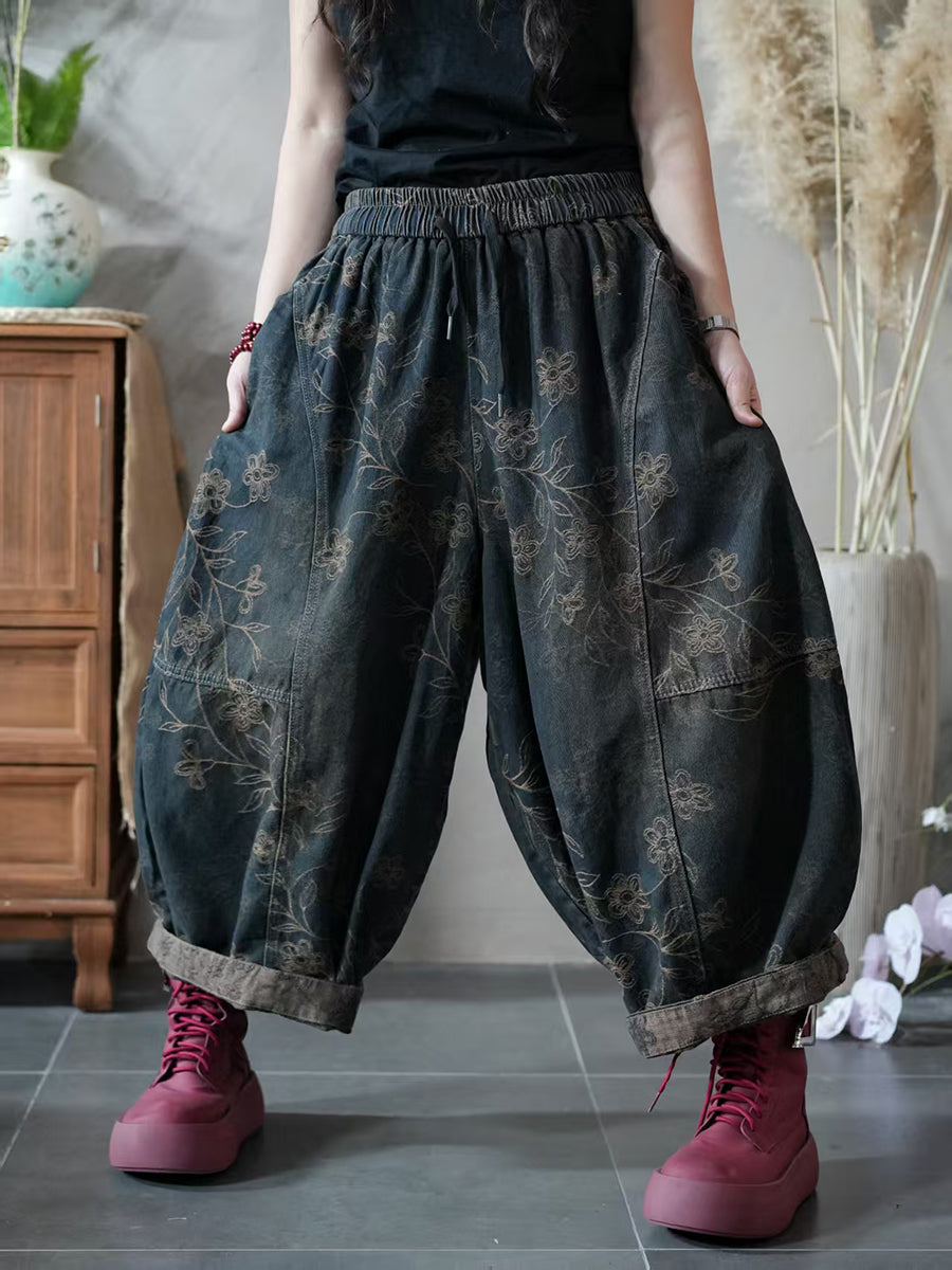 Women Autumn Retro Flower Denim Spliced Harem Pants