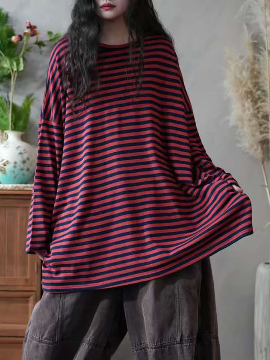 Women Autumn Casual Stripe 100%Cotton O-Neck Blouse