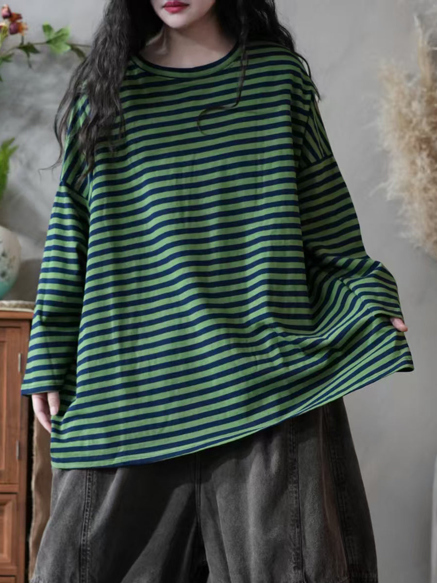 Women Autumn Casual Stripe 100%Cotton O-Neck Blouse
