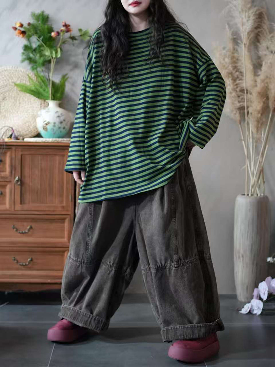 Women Autumn Casual Stripe 100%Cotton O-Neck Blouse