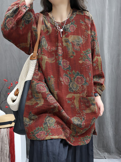 Women Autumn Vintage Flower Linen O-Neck Shirt