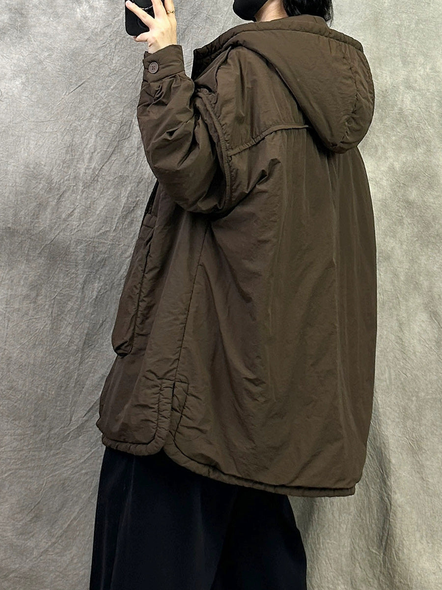 Women Winter Casual Pure Color Hooded Padded Coat