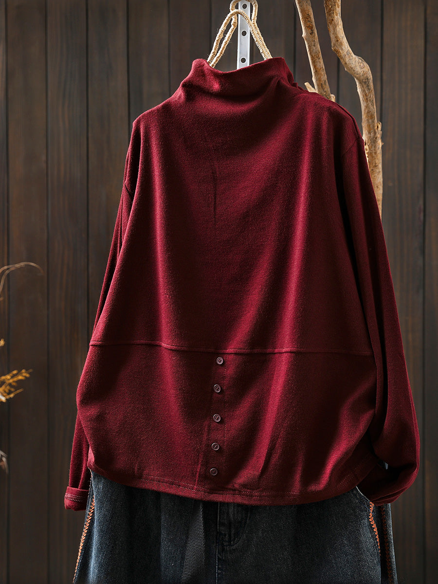 Women Autumn Casual Pure Color Half-Turtleneck Blouse