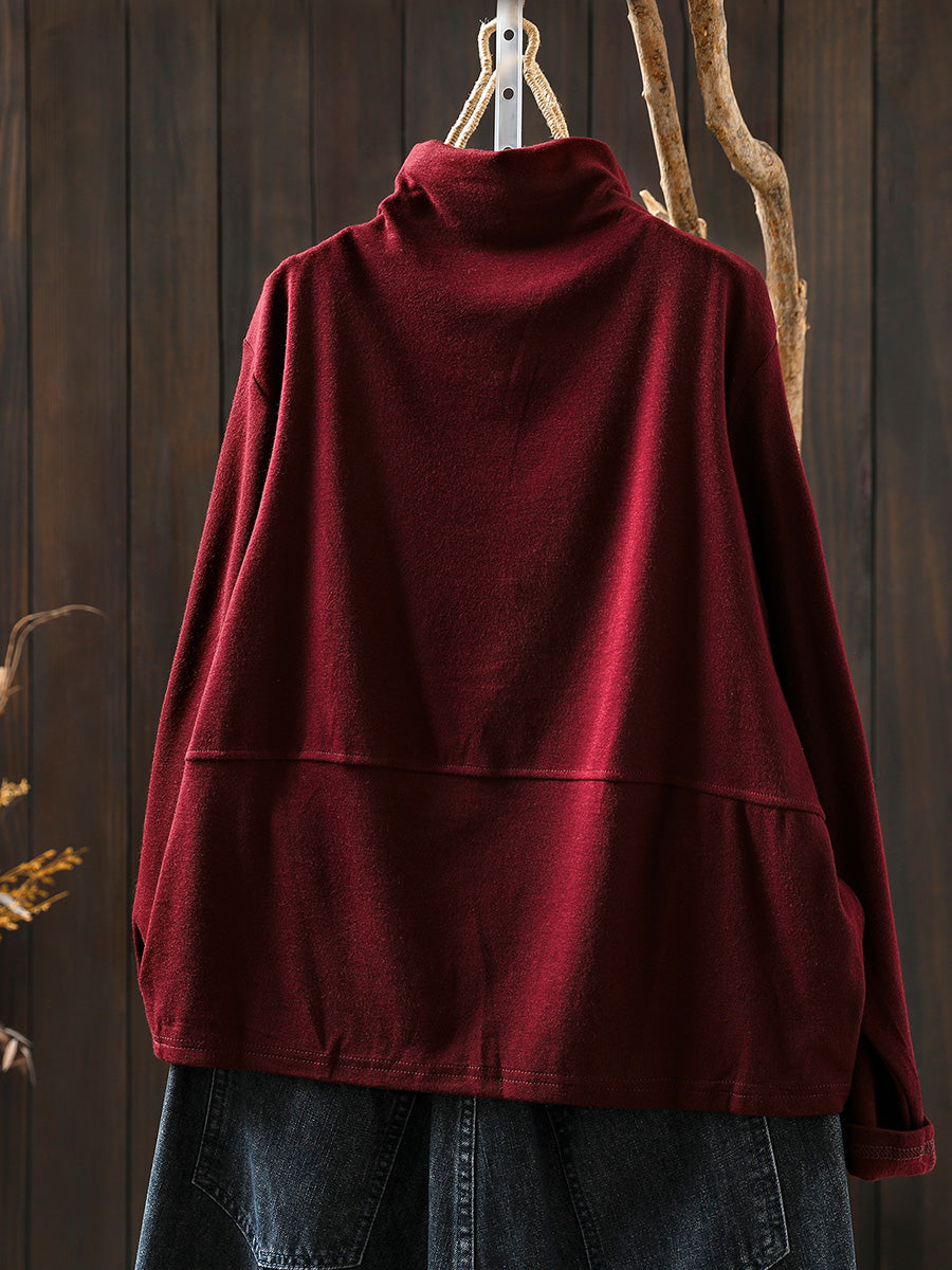 Women Autumn Casual Pure Color Half-Turtleneck Blouse