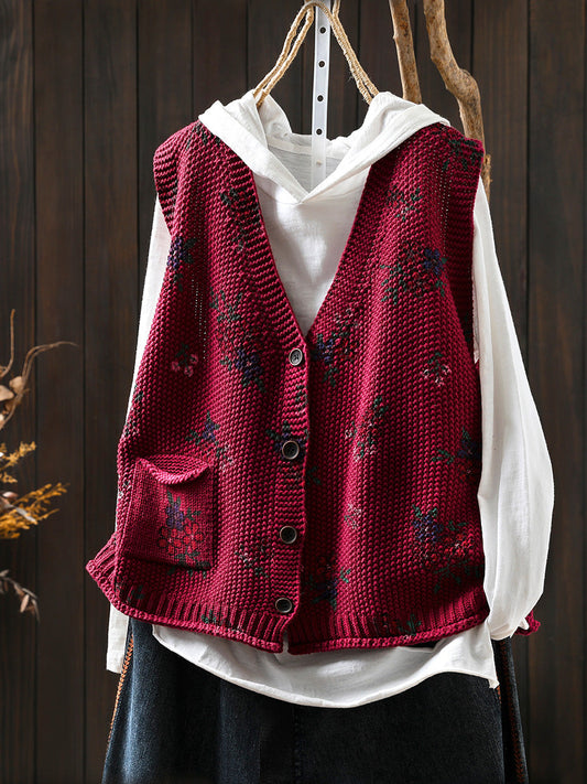 Women Autumn Retro Floral V-Neck Knitted Vest
