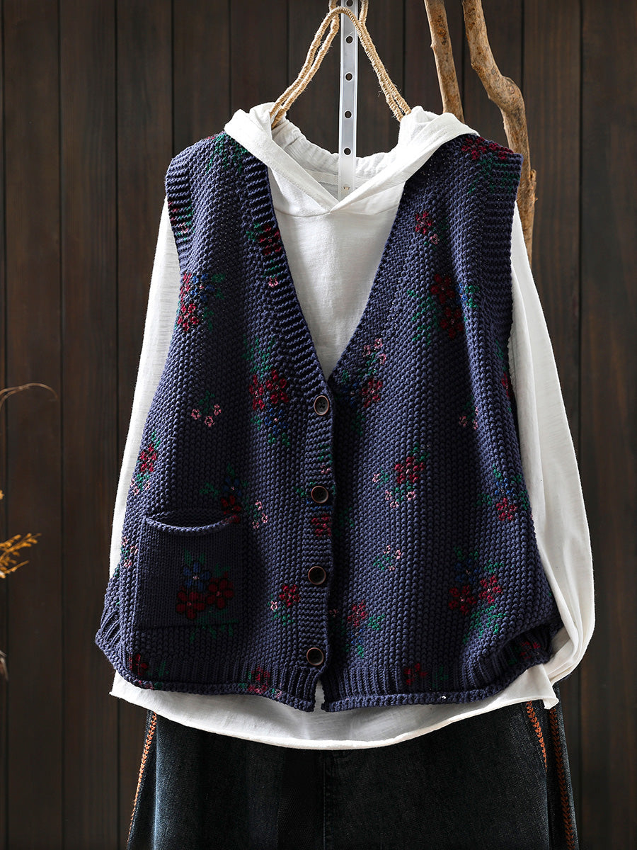 Women Autumn Retro Floral V-Neck Knitted Vest