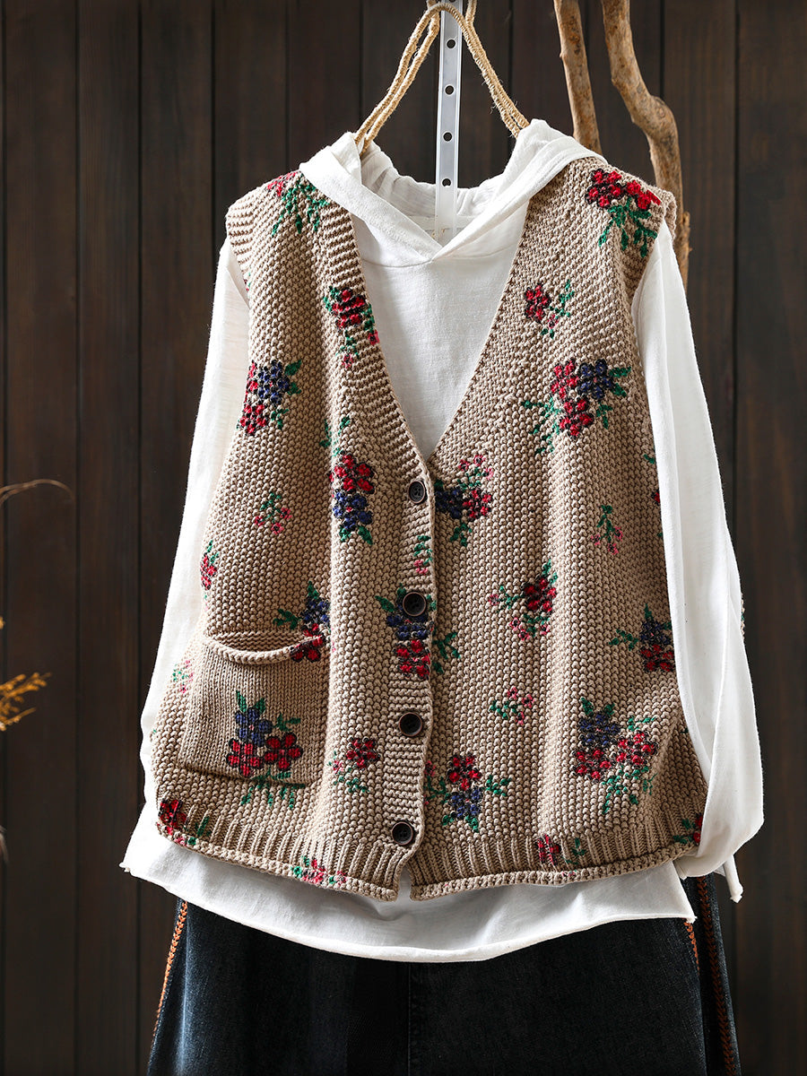 Women Autumn Retro Floral V-Neck Knitted Vest