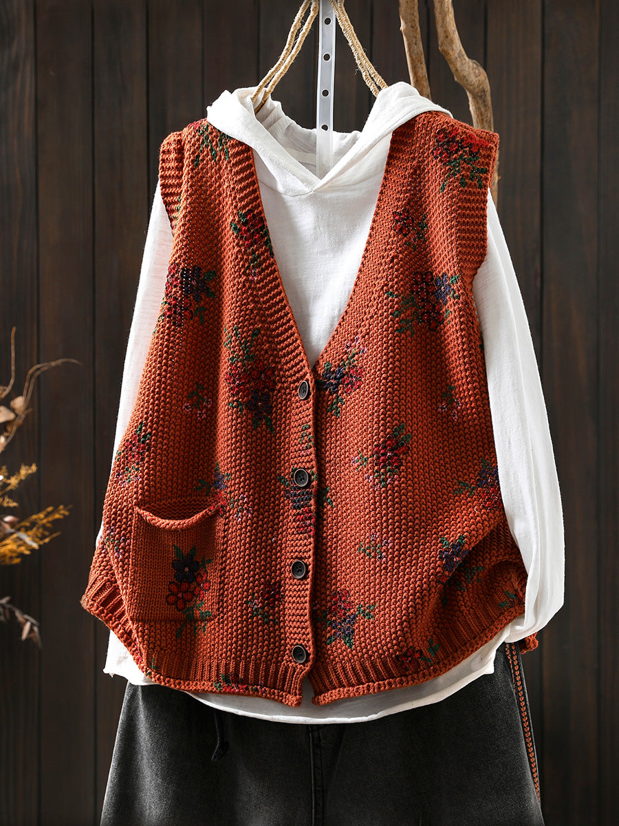 Women Autumn Retro Floral V-Neck Knitted Vest