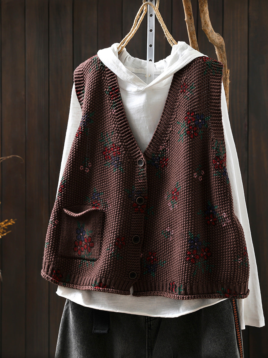 Women Autumn Retro Floral V-Neck Knitted Vest