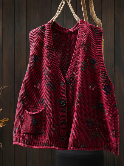 Women Autumn Retro Floral V-Neck Knitted Vest