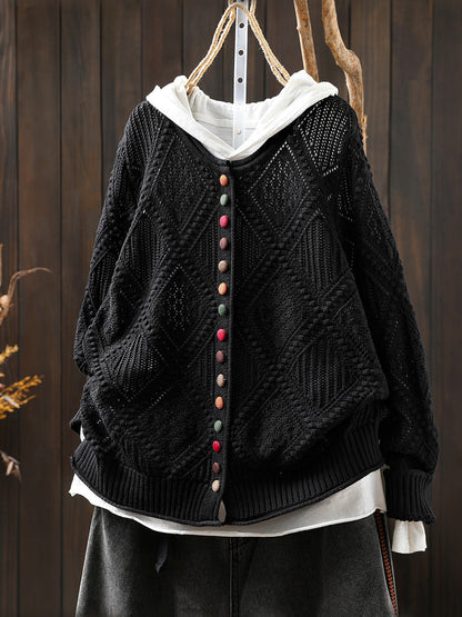 Women Autumn Vintage Rhomboids Knitted O-Neck Sweater