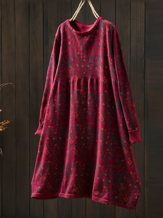 Women Autumn Artsy Floral Cotton O-Neck Knitted Dress