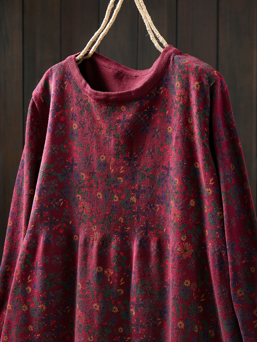 Women Autumn Artsy Floral Cotton O-Neck Knitted Dress