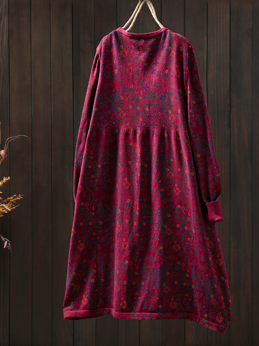 Women Autumn Artsy Floral Cotton O-Neck Knitted Dress