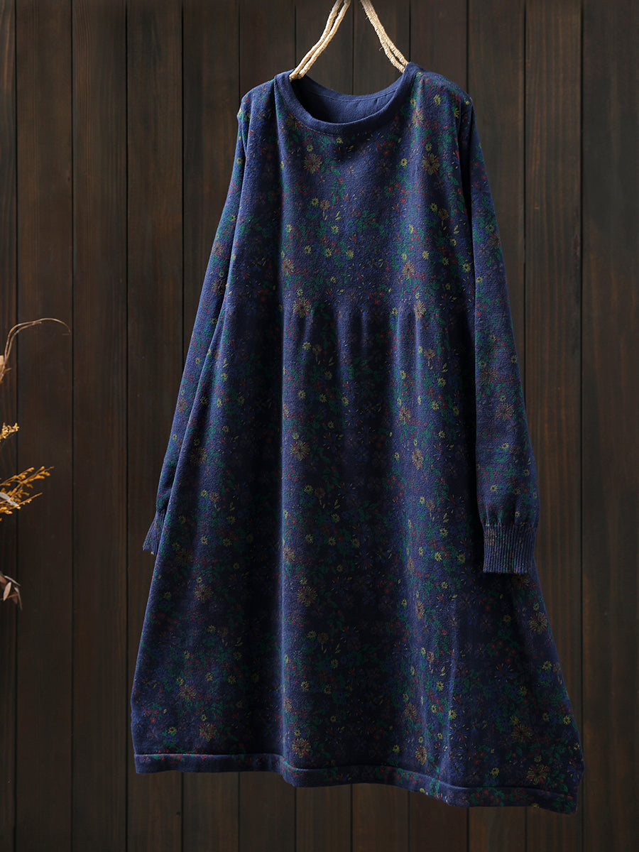 Women Autumn Artsy Floral Cotton O-Neck Knitted Dress