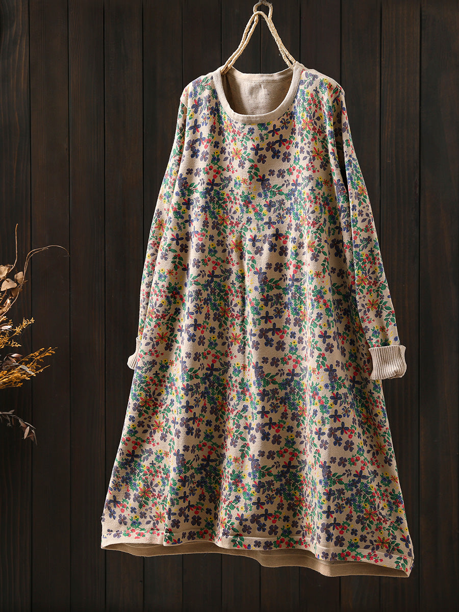 Women Autumn Artsy Floral Cotton O-Neck Knitted Dress