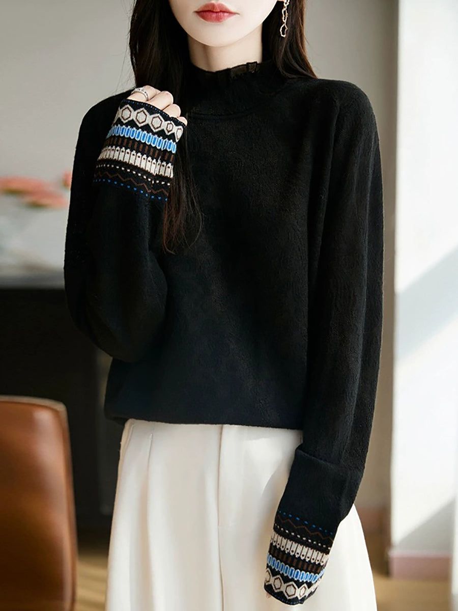 Women Autumn Vintage Jacquard Stand Collar Sweater