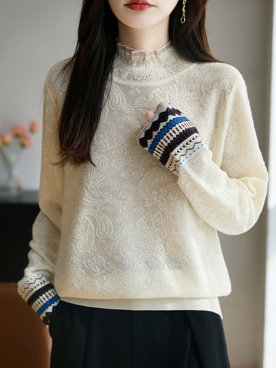Women Autumn Vintage Jacquard Stand Collar Sweater