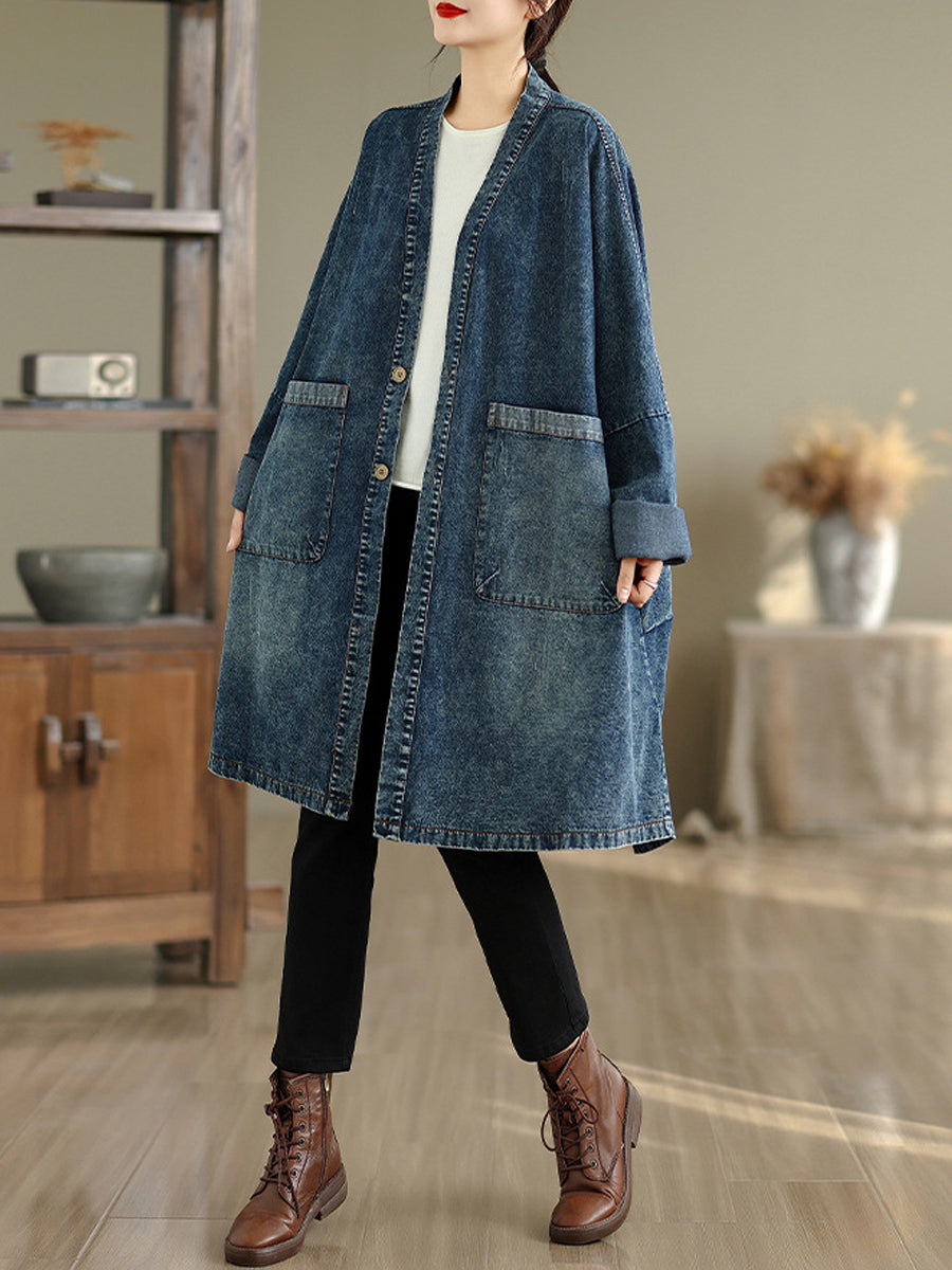 Women Autumn Vintage Denim V-Neck Coat