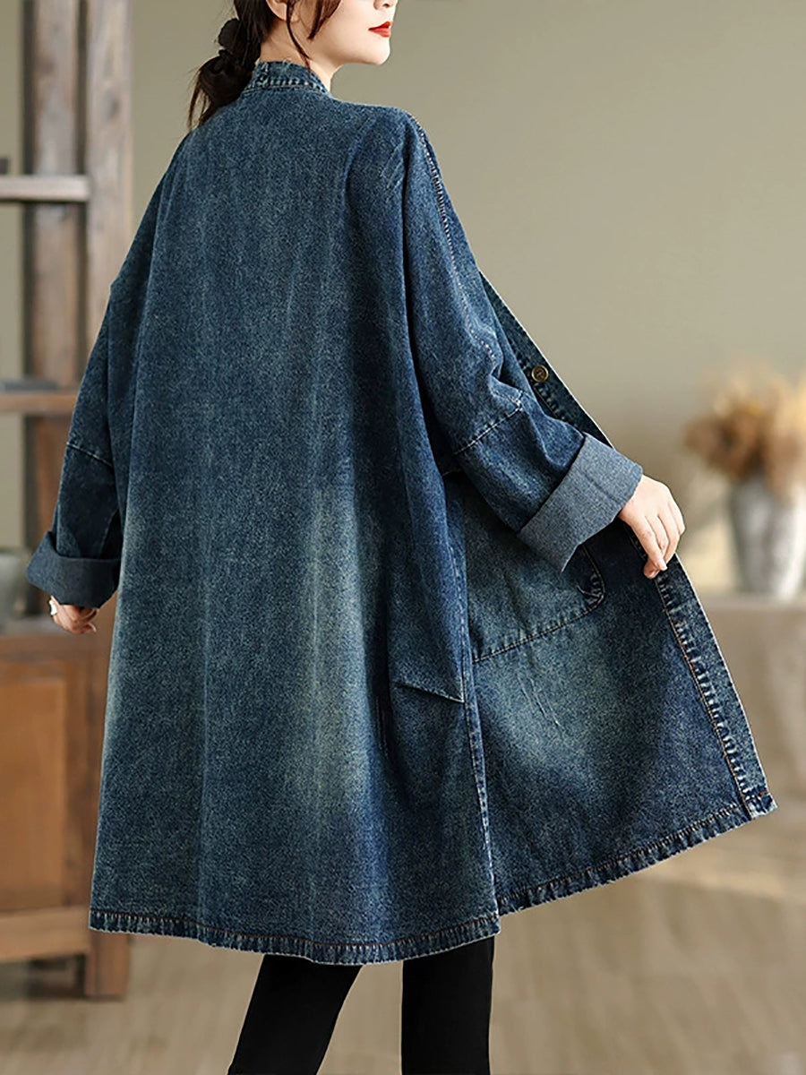Women Autumn Vintage Denim V-Neck Coat