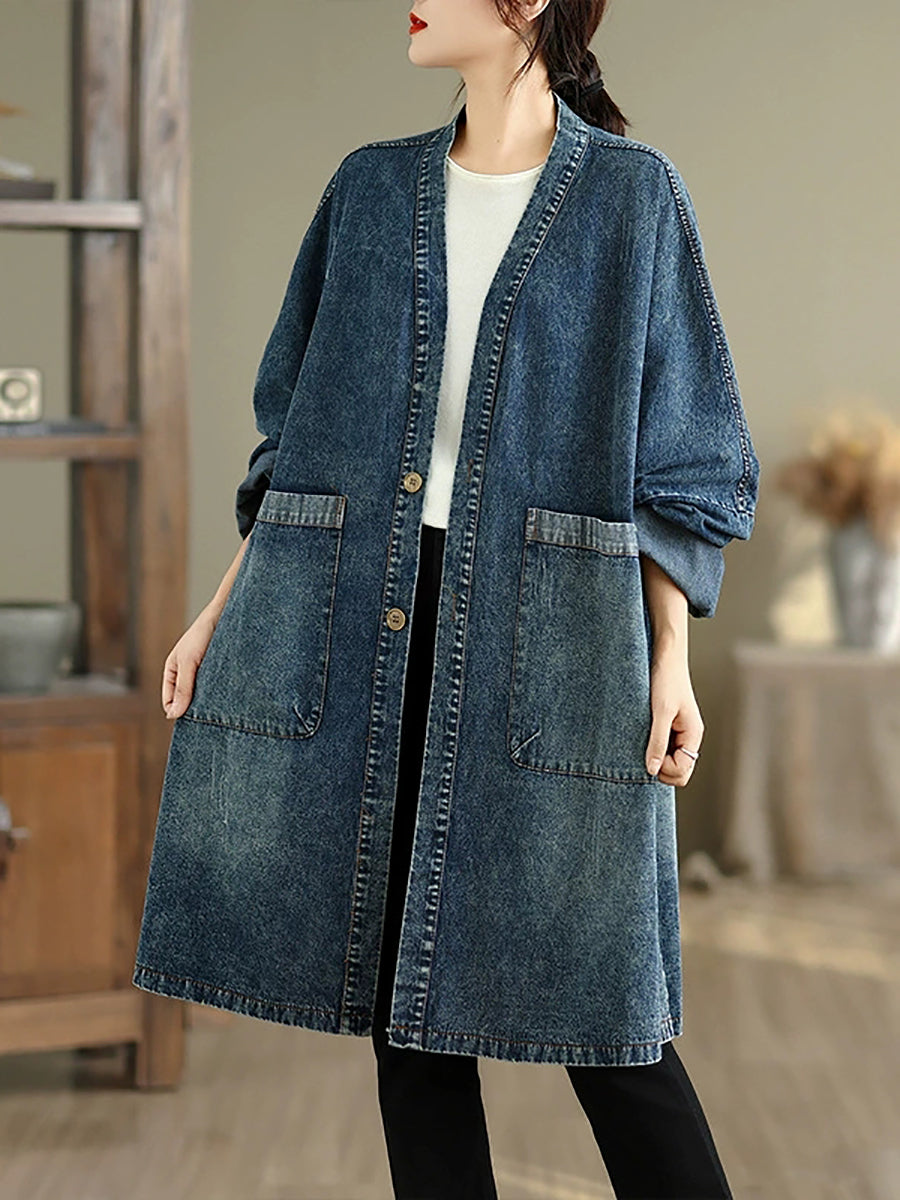 Women Autumn Vintage Denim V-Neck Coat