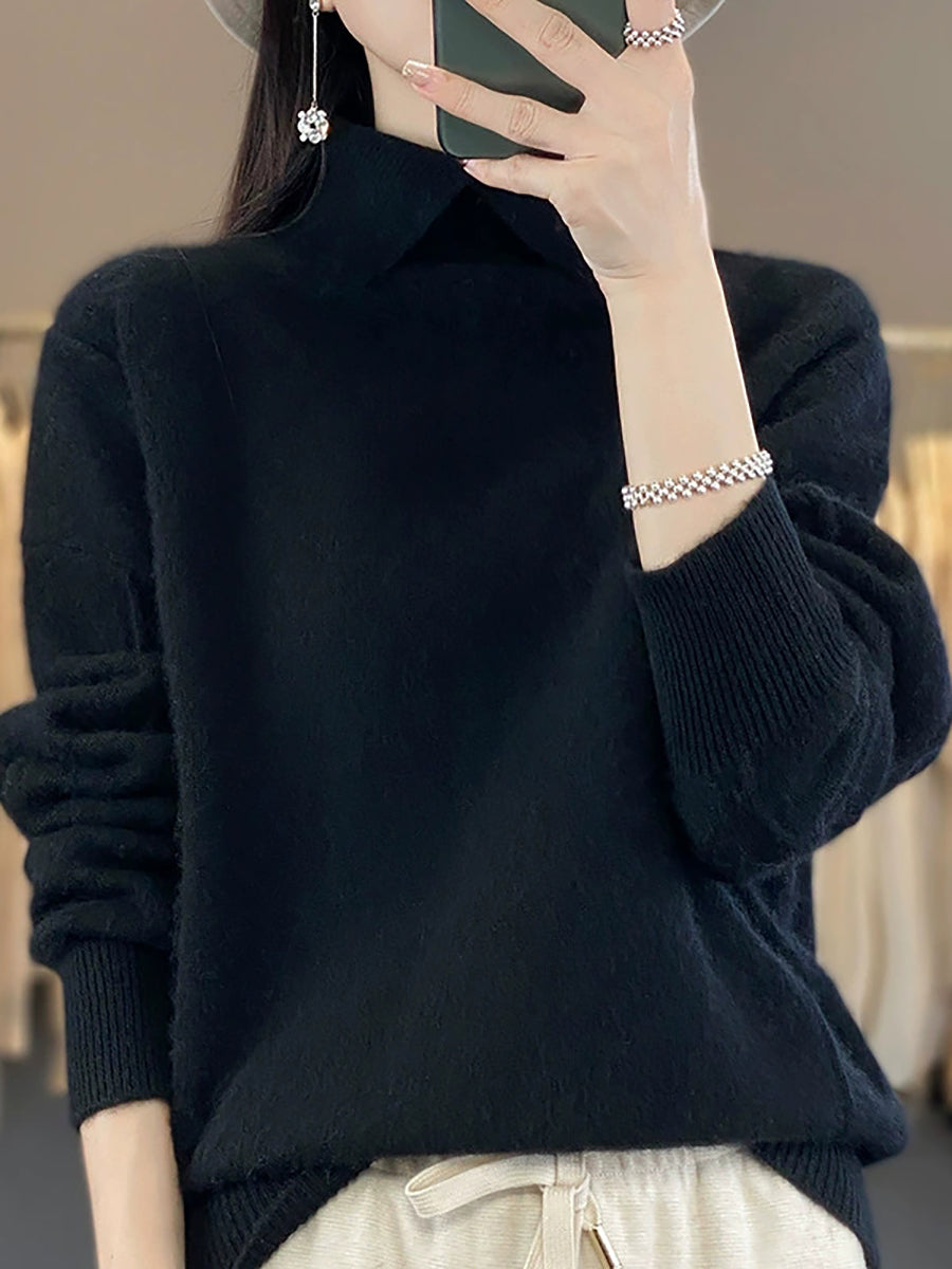 Women Autumn Pure Color Wool Turn-down Collar Sweater