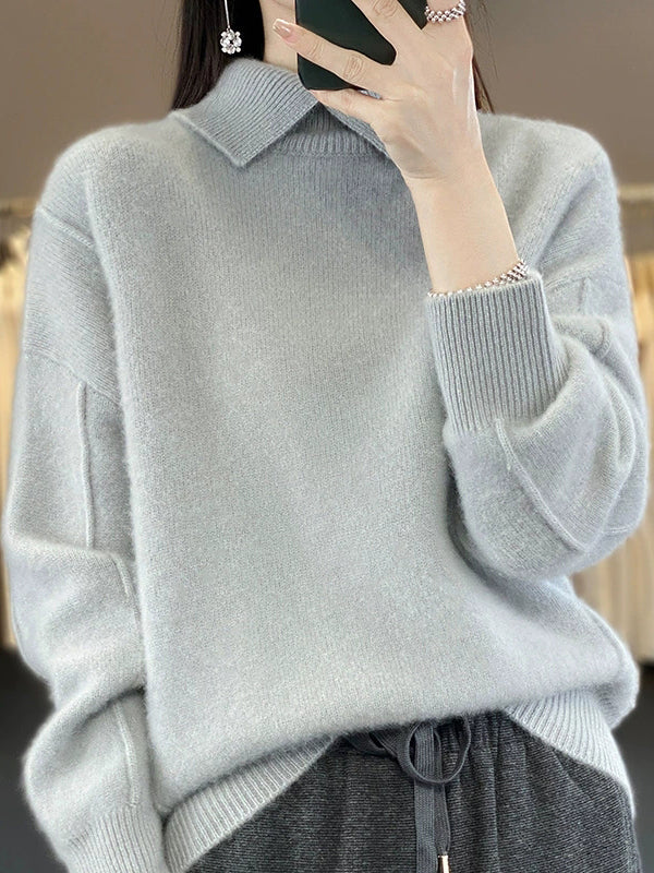 Women Autumn Pure Color Wool Turn-down Collar Sweater