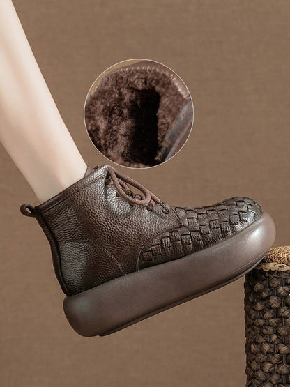 Women Winter Genuine Leather Fleece-lined Platform Ankle Boots