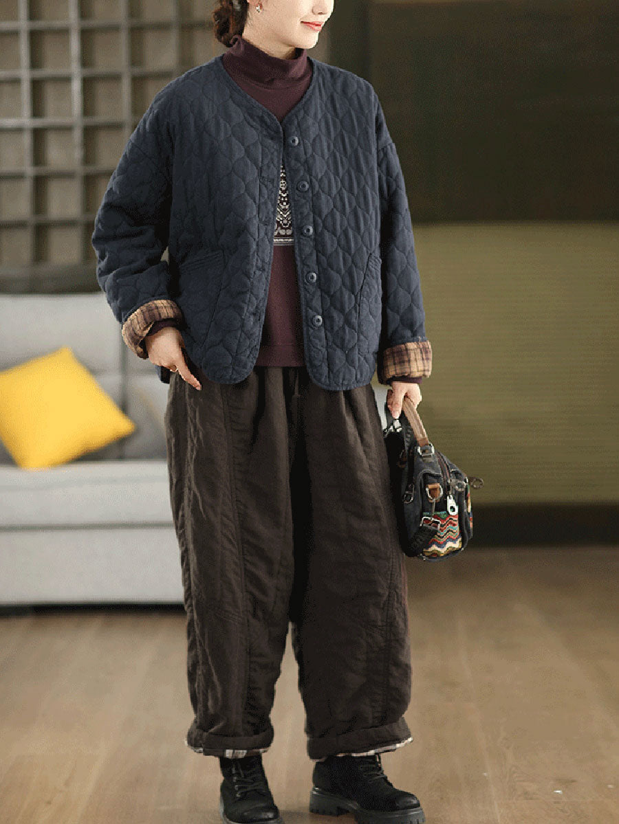 Women Autumn Pure Color 100%Linen Padded Straight Pants