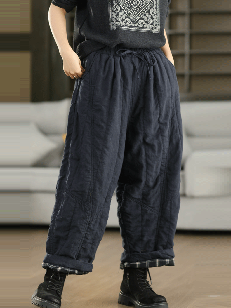 Women Autumn Pure Color 100%Linen Padded Straight Pants