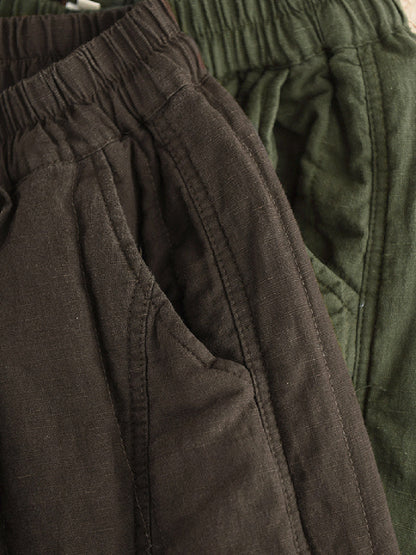 Women Autumn Pure Color 100%Linen Padded Straight Pants