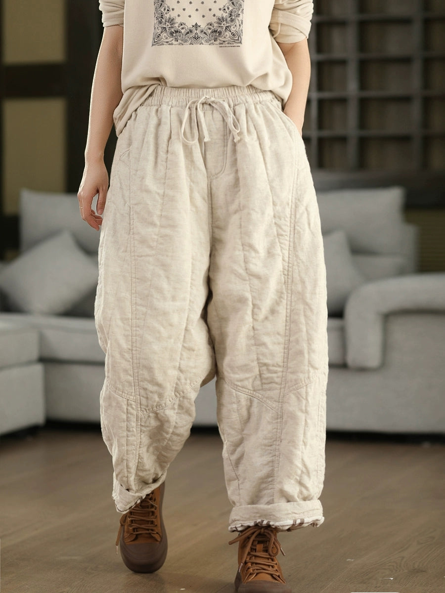 Women Autumn Pure Color 100%Linen Padded Straight Pants