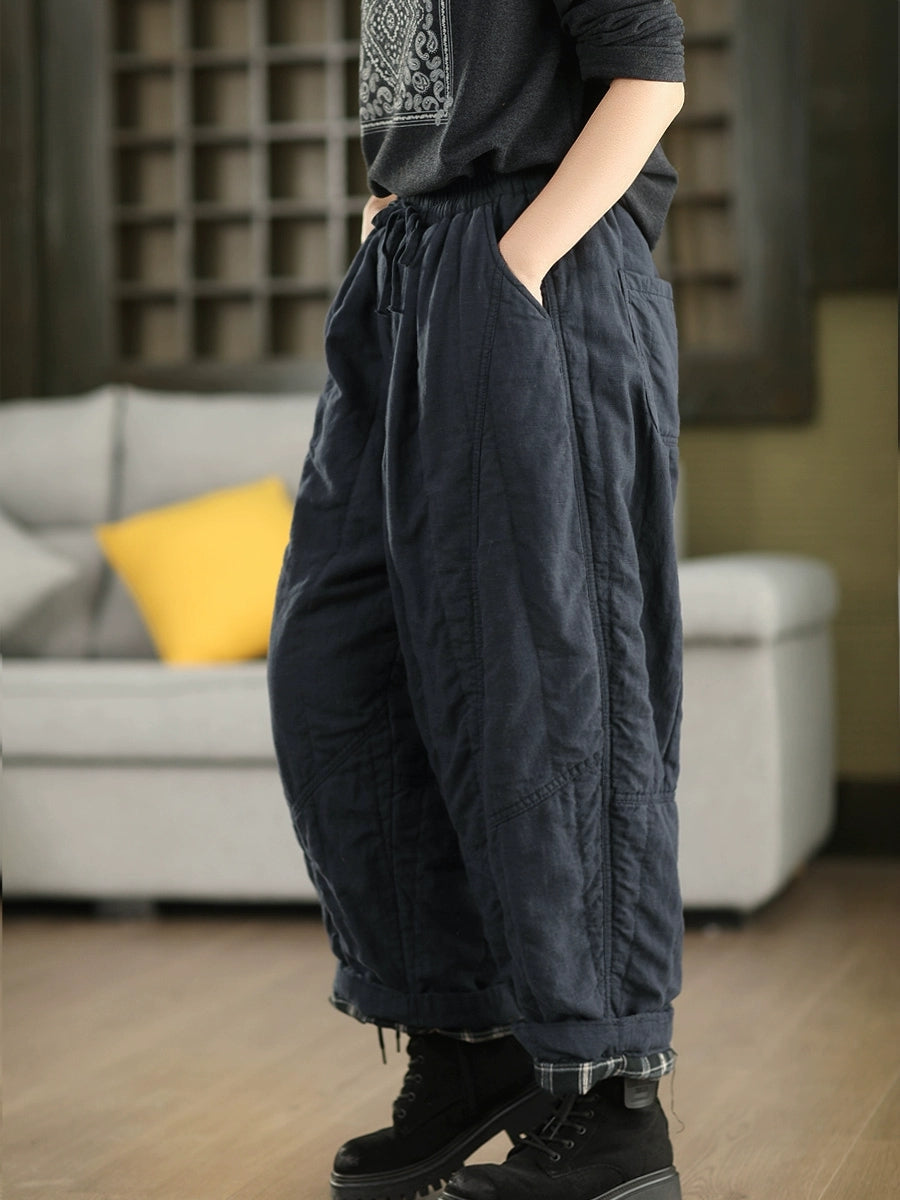 Women Autumn Pure Color 100%Linen Padded Straight Pants