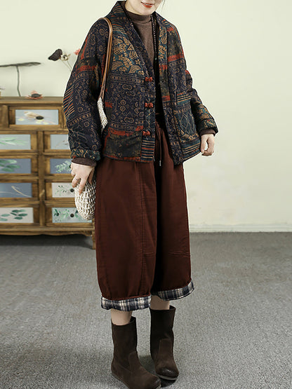 Women Autumn Vintage Flower V-Neck Cotton Padded Coat